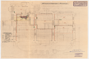 Schwarz-weißer Architekturentwurf des Rosenhof-Krankenhauses in Hamburg, Deutschland, der detaillierte Layout mit zahlreichen Drähten, Räumen, Fluren und Textanmerkungen auf altem Papier zeigt.