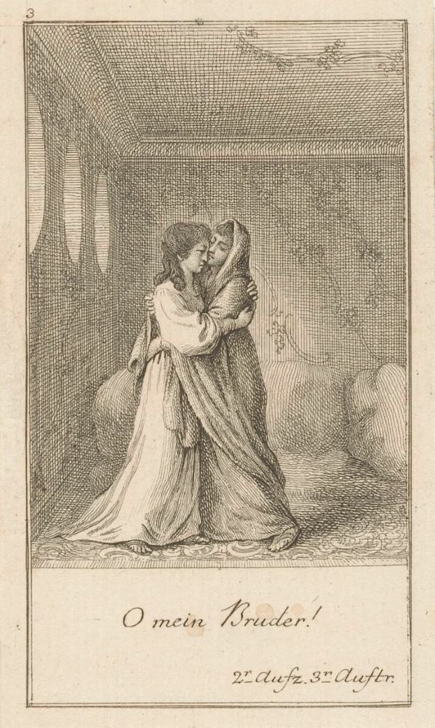 Eine Gravur von einem Mann und einer Frau, die sich eng umarmend in einem warm beleuchteten Raum befinden, mit der Aufschrift 'O mein Bruder' unten.