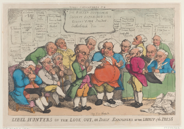 Eine Gruppe von Menschen, die um einen Tisch sitzen und Papiere und Gegenstände haben, wobei einer ein Papier hält, mit der Beschriftung "Libel Hunters on the Look Out, or Daily Examiners of the Liberty of the Press" unten.