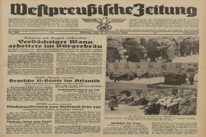 Schwarze und weiße Titelseite einer deutschen Zeitung vom 13. November 1939 mit der Schlagzeile "Weitpreubliche Zeitung" und einem Foto von Menschen in traditioneller deutscher Kleidung in einer feierlichen Atmosphäre.