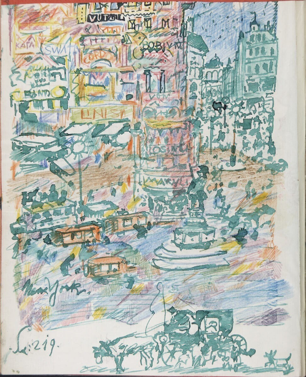 Ein Buchumschlag mit einer detaillierten Illustration einer belebten Stadtlandschaft mit Gebäuden, Fahrzeugen, Menschen, einem Brunnen und Text.