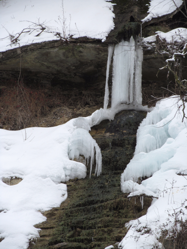Ein kleiner Wasserfall ergießt sich über einen schneebedeckten, eisigen Felsen in einem bewaldeten Gebiet, umgeben von schneebedeckten Bäumen.