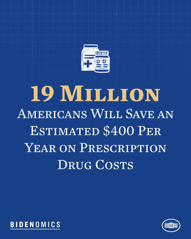 Ein blauer Hintergrund mit weißer Schrift und einem Logo, das "19 Millionen Amerikaner werden geschätzt 400 USD pro Jahr an Arzneikosten sparen" lautet.