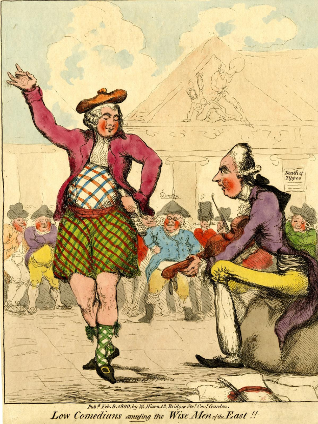 Zeichnung eines Mannes in einem Kilt und einer Frau in einem Kleid, die vor einer Menge stehen, mit einem Gebäude und Wolken im Hintergrund und Text unten, der 'Niedrige Komiker, die die weisen Männer des Ostens unterhalten' lautet.
