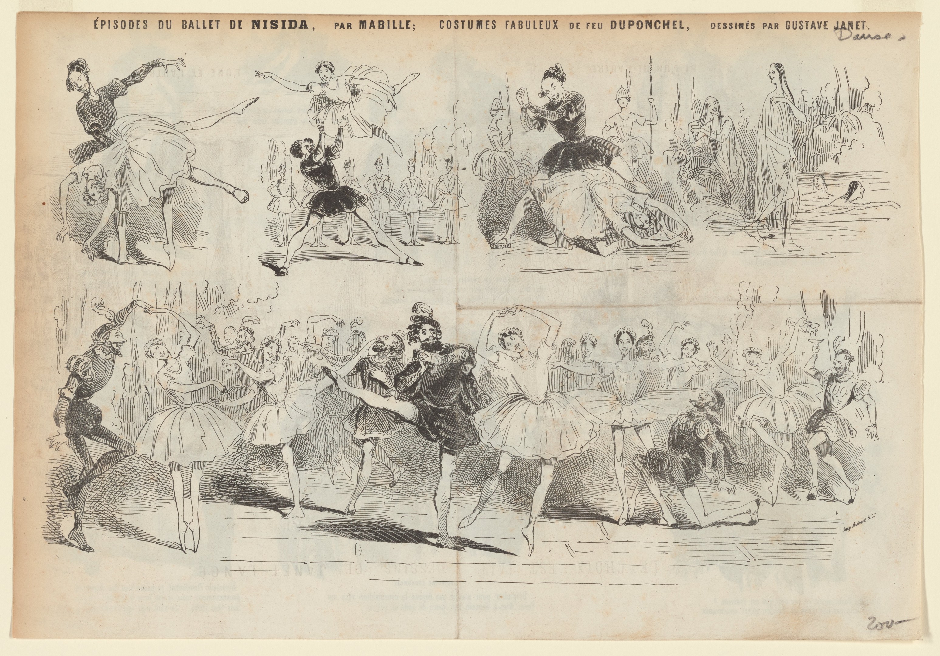 Ein Bild aus einem Buch mit einer Zeichnung von Menschen in energischen Posen, begleitet von Text, der die Einzelheiten des Ereignisses beschreibt.