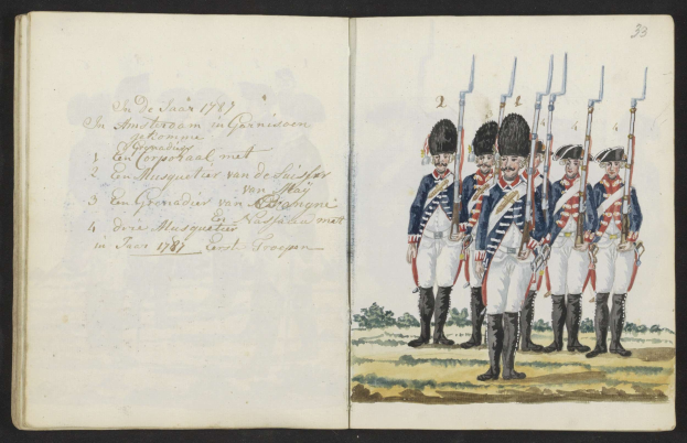 Ein aufgeschlagenes Buch mit einer Zeichnung von uniformierten Männern mit Waffen, mit Text auf der linken Seite, der '1837-1838 - die niederländische Armee in Garmisch-Partenkirchen' lautet, vor schwarzem Hintergrund.