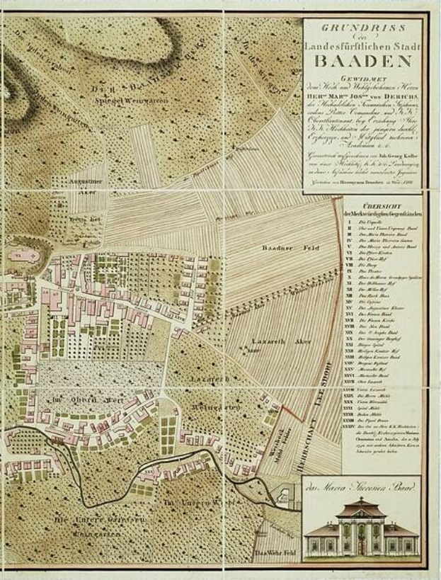 Alte detaillierte Karte von Baden-Württemberg, Deutschland, mit einem Gebäude in der rechten unteren Ecke, das Straßen, Gebäude und Text mit Stadtinformationen zeigt.