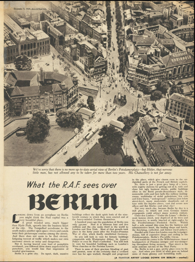 Alte Zeitung mit einem Schwarz-Weiß-Foto eines Stadtpanoramas mit Gebäuden, Bäumen und Fahrzeugen sowie sichtbarem Text.
