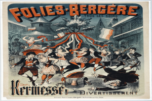 Plakat für das Folies Berg├Ęre-Festival in Paris, das tanzende Menschen in Vordergrund zeigt, mit Geb├Ąuden, B├Ąumen und Flaggen im Hintergrund.