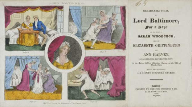 Ein historisches Prozessdokument, das ein Blatt Papier mit Porträts, Vorhängen und Text zeigt, der einen Rechtsstreit darstellt.