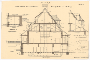 Ein detailliertes architektonisches Zeichnung eines Hauses mit zahlreichen Fenstern und einem Dach, das als erstes Haus in Deutschland gilt, begleitet von strukturellen Plänen und Text auf Papier.