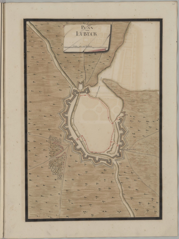 Ein detaillierter Stadtplan der Stadt Lübeck, der auf dem Cover eines alten Buches abgedruckt ist und Straßen, Gebäude und Sehenswürdigkeiten zeigt, begleitet von Texten über die Bevölkerung, Geschichte und Kultur der Stadt.