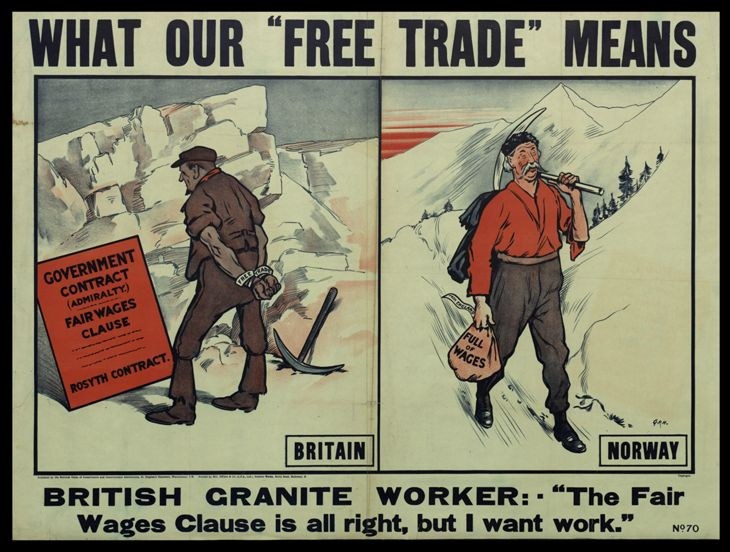 Plakat mit einem britischen Granitarbeiter vor einem Berg- und Waldhintergrund, das die Unterstützung von fairen Löhnen betont, aber die Notwendigkeit von Arbeit hervorhebt.