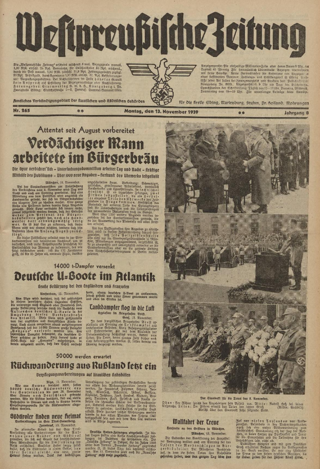 Titelseite einer deutschen Zeitung vom 13. November 1939, betitelt "Weitpreubliche Zeitung", mit einem Gruppenbild von Menschen in traditioneller deutscher Kleidung, die feierlich wirken.