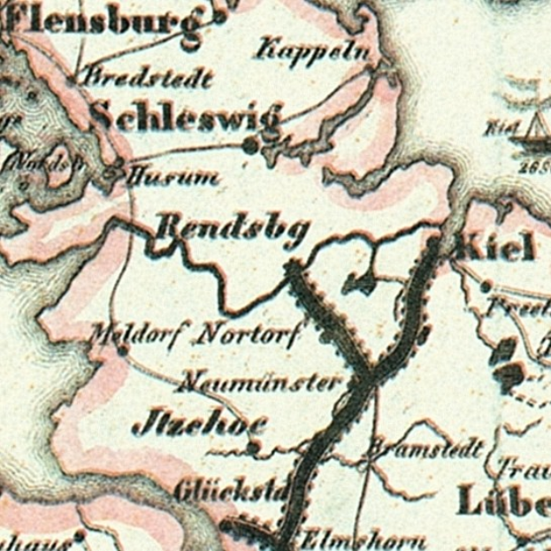 Detailierte alte Karte von Schleswig-Holstein mit Straßen, Gebäuden und Sehenswürdigkeiten, versehen mit Text über Bevölkerung, Straßen und bemerkenswerte Merkmale.