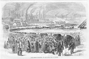 Schwarze und weiße Zeichnung von Menschen vor einer Fabrik mit Häusern und Rauch aus Schornsteinen, mit Text unten lesend "Kohlebergbau-Katastrophe in England das Ende".