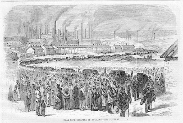 Schwarze und weiße Zeichnung von Menschen vor einer Fabrik mit Häusern und Rauch aus Schornsteinen, mit Text unten lesend "Kohlebergbau-Katastrophe in England das Ende".