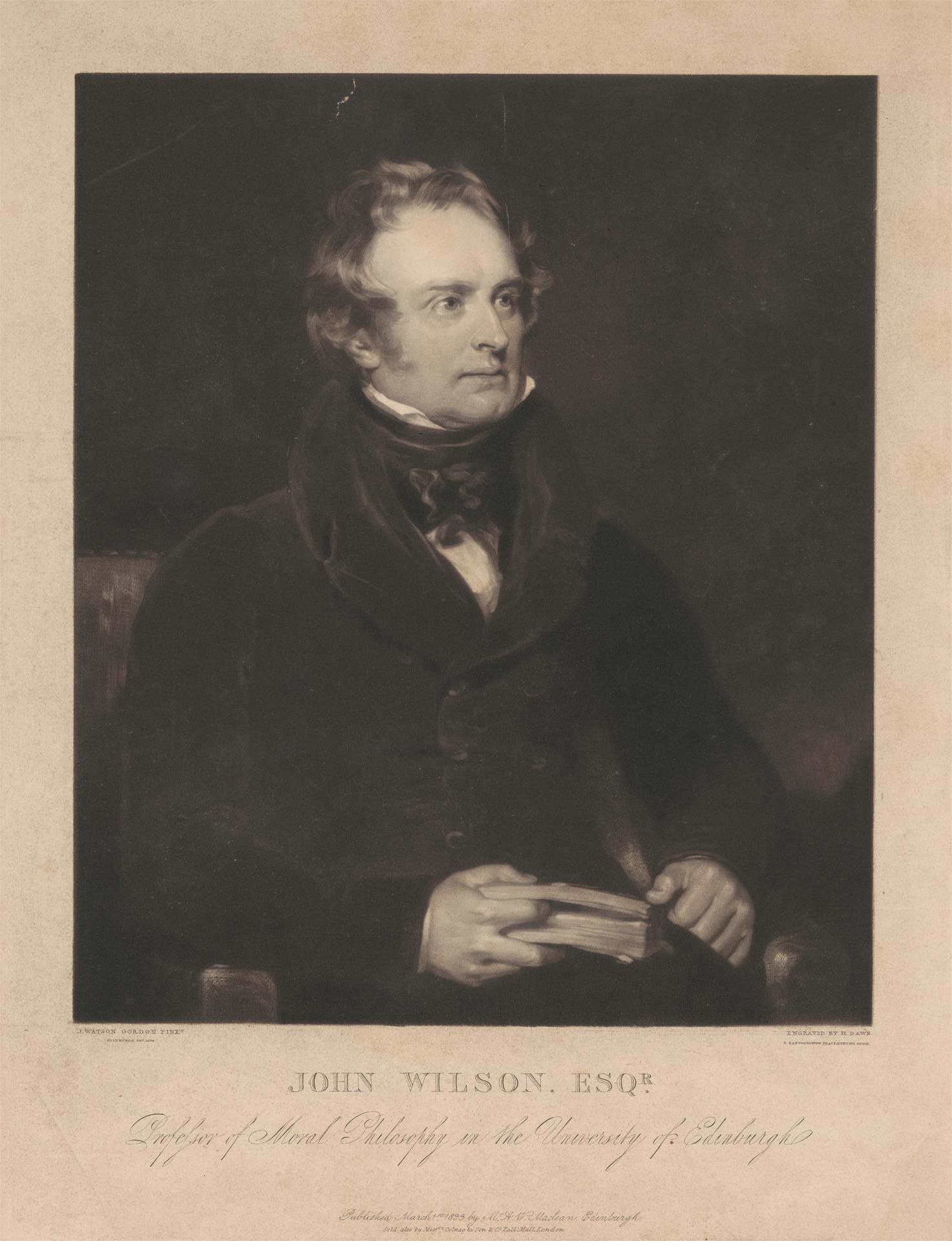 Porträt von John Wilson Esqr., dem Gründer der moralischen Philosophie an der Universität Edinburgh, sitzend in einem Stuhl und ein Buch haltend, mit Text unten.