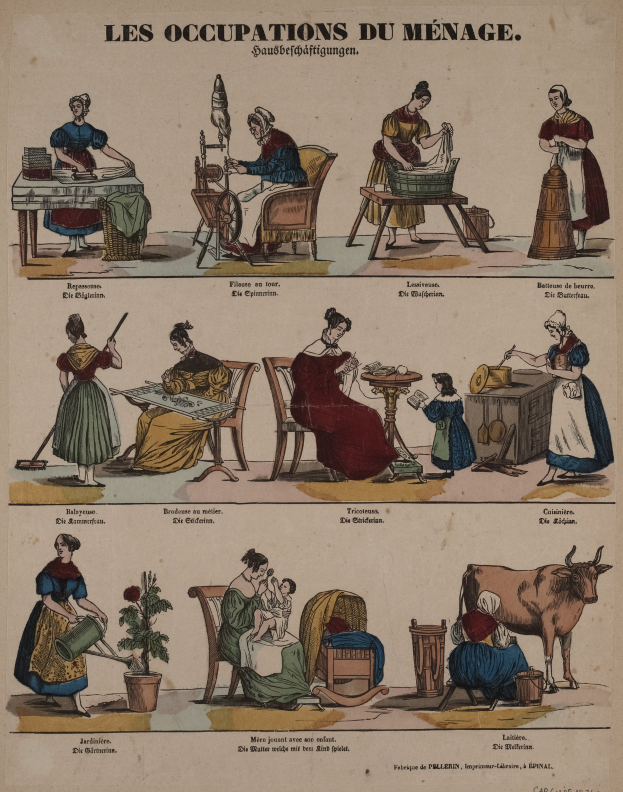 Ein Plakat aus dem 19. Jahrhundert, das geschlechterbasierte Berufe zeigt, mit sitzenden und stehenden Figuren, einer Kuh, einem Topf mit einer Pflanze und begleitendem Text.