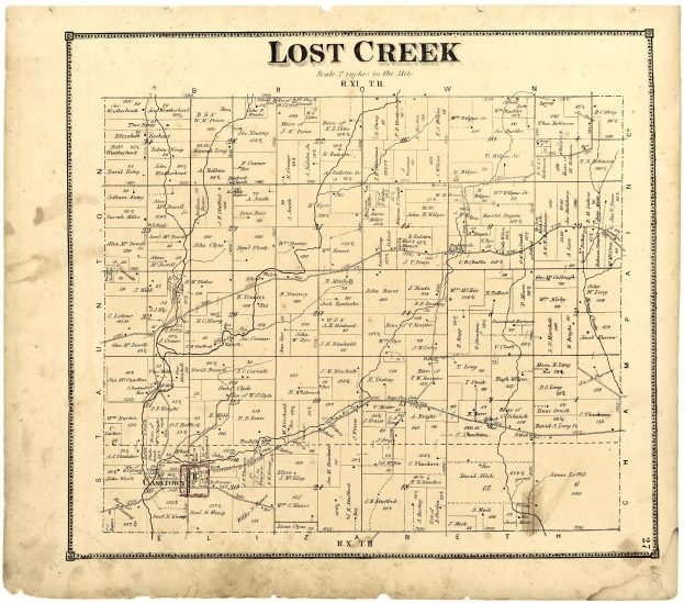 Detailierte alte Karte des Lost Creek-Gebietes, die Straßen, Highways, Städte, Körper von Wasser und zusätzliche Textanmerkungen zeigt.