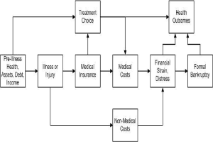 Flussdiagramm, das verschiedene Arten von medizinischen Kosten zeigt, die mit Vorerkrankung, Gesundheit und Gesundheitsergebnissen verbunden sind, mit beschrifteten Stufen und Interaktionen.