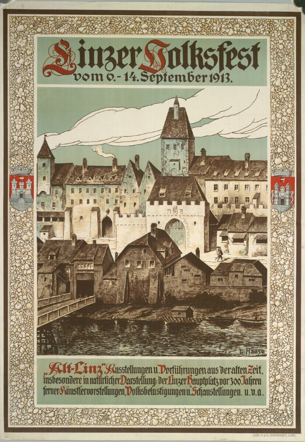 Altes deutsches Festivalplakat mit einer Burgen-Illustration, begleitet von Text.