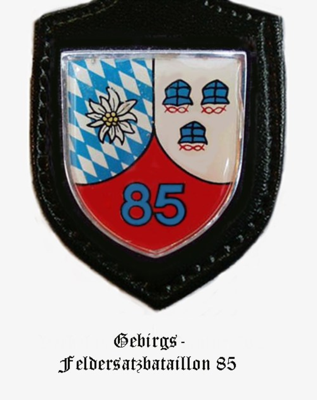 Ein Abzeichen mit der Nummer 85 und deutschem Text unten, das das Logo der bayerischen Fußballmannschaft darstellt.