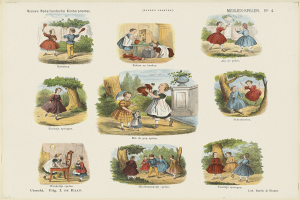 Ein Kinderbuch mit Illustrationen von Kindern, die im Park spielen, umgeben von Bäumen und Gegenständen, mit begleitendem Text.