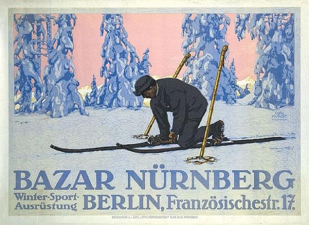 Plakat zum Bazar Nürnberg Winter Sport in Berlin, Deutschland, mit einer Person auf Skiern vor einem Wald und Event-Text.