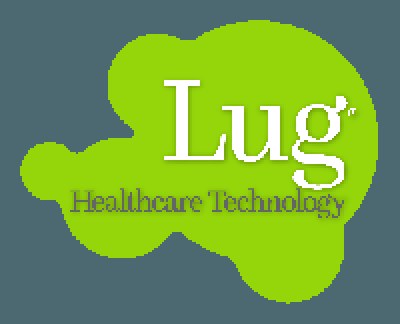 Logo von Lug Healthcare Technology mit fetter schwarzer Schrift in der Mitte auf einem weißen Hintergrund, umgeben von einem blauen Kreis mit weißer Umrandung.