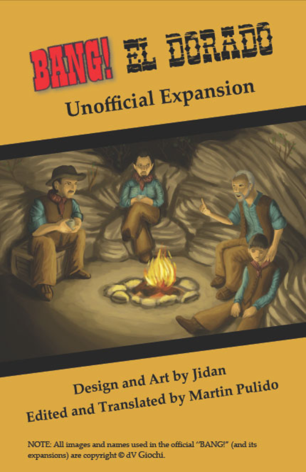 Ein Plakat, das eine Gruppe von Menschen um ein hell brennendes Lagerfeuer zeigt, mit der Aufschrift "Bang El Dorado Unofficial Expansion" oben drauf, in einem düsteren, gedämpften Farbton.