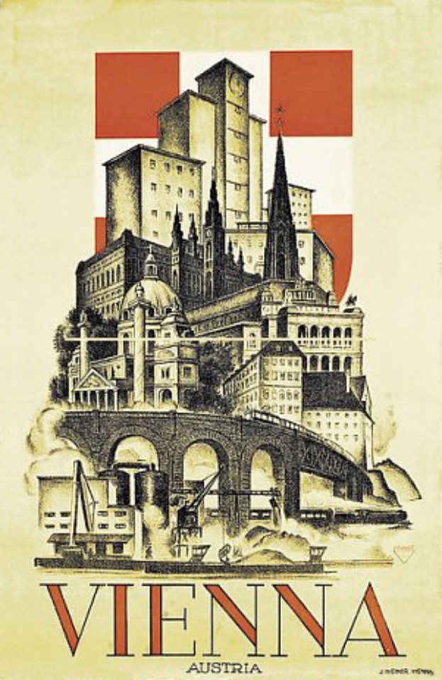 Ein Plakat von Wien, Österreich, das einige Gebäude, eine Brücke und Text zeigt, der die Stadt und ihre Attraktionen beschreibt.