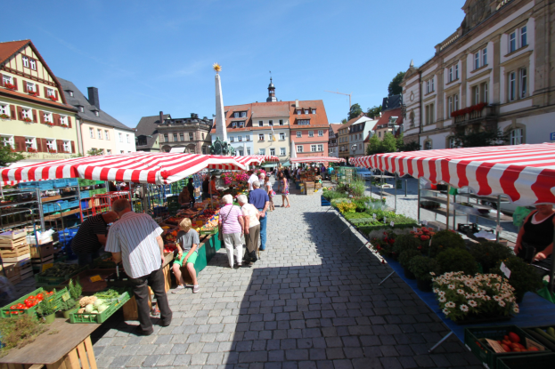 Ein belebter Markt im alten Stadtzentrum von Heidelberg mit Menschen, die umhergehen, sitzen und stehen, sowie Zelten, Tischen mit Gemüse und Gebäuden mit Bäumen unter einem klaren blauen Himmel.