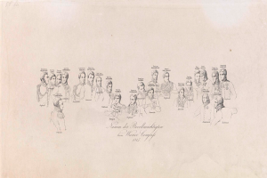 Eine Zeichnung von Personen in Militäruniformen mit einer Liste von Namen des Deutschen Reiches auf einem Stück Papier.