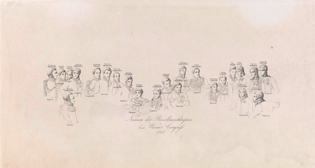 Eine Zeichnung von Personen in Militäruniformen mit einer Liste von Namen des Deutschen Reiches auf einem Stück Papier.