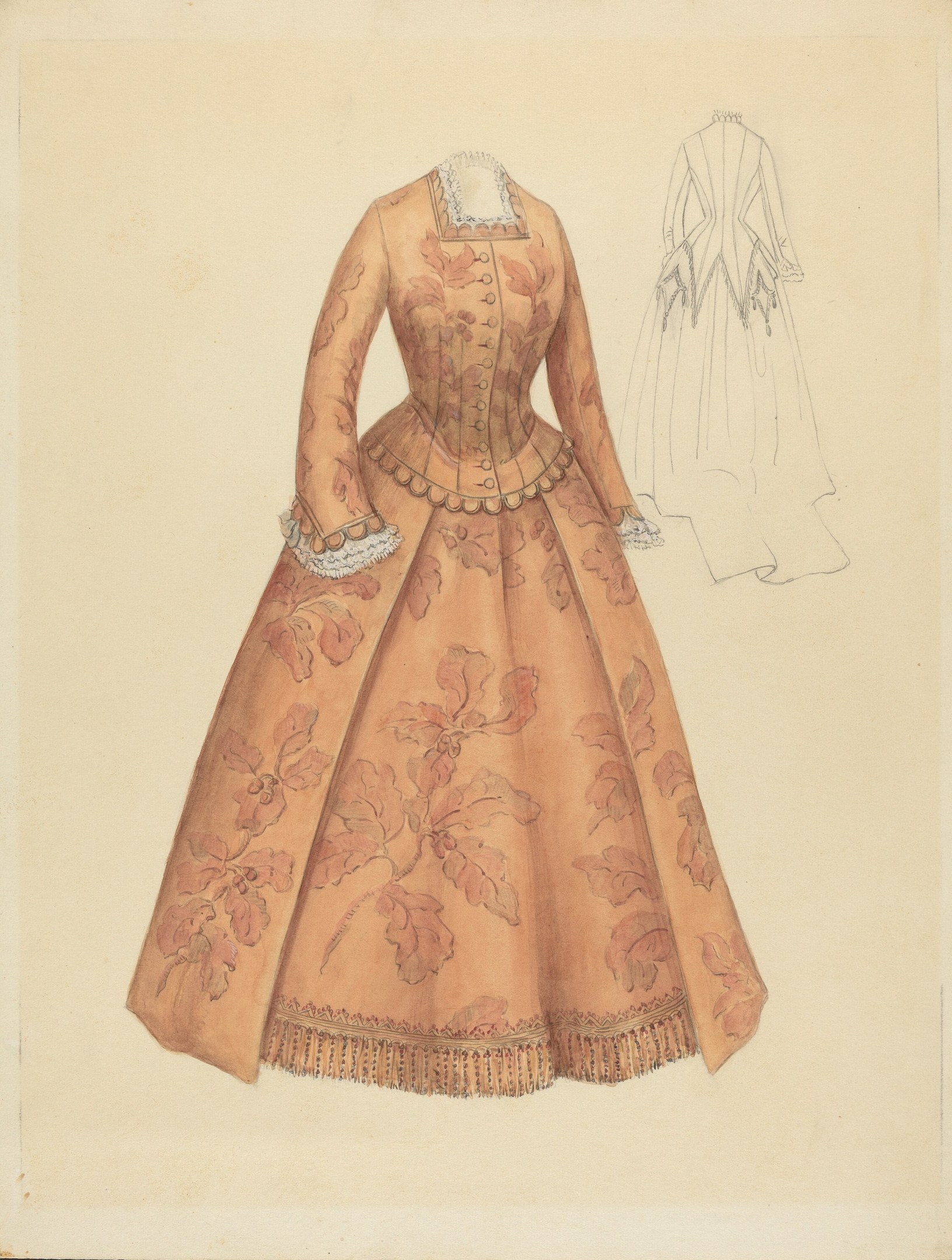 Ein detailliertes Kostümdesign aus dem 18. Jahrhundert für ein bodenlanges Kleid mit hohem Kragen, floral gemustertem Oberteil in Rosa, Lila und Blau sowie einer Spitzenbesatz an Rock und Hintergrund.