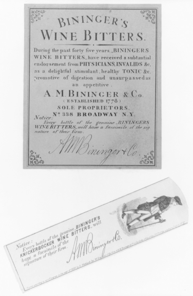 Eine alte Werbung für Bininger's Weinbitter, die einen Mann in Anzug und Krawatte zeigt, auf einem Stück Papier mit Text gedruckt.