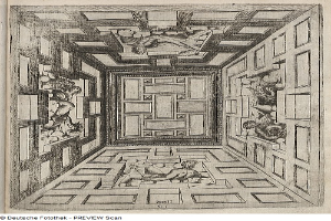 Ein aufgeschlagenes Buch, das eine Zeichnung eines Raums mit einer kunstvoll gestalteten Decke und Skulpturen zeigt, mit Text am unteren Rand der Seite.