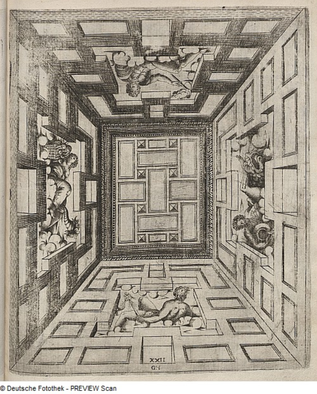 Ein aufgeschlagenes Buch, das eine Zeichnung eines Raums mit einer kunstvoll gestalteten Decke und Skulpturen zeigt, mit Text am unteren Rand der Seite.