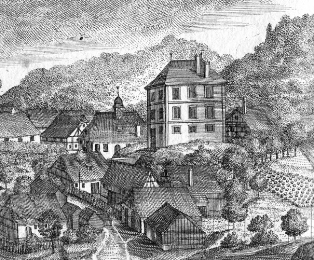 Eine Schwarz-Weiß-Zeichnung einer Kleinstadt mit einer zentralen Kirche, umgeben von Häusern, Bäumen und einem Himmel, mit dem Text "Bayern im 19. Jahrhundert" unten.