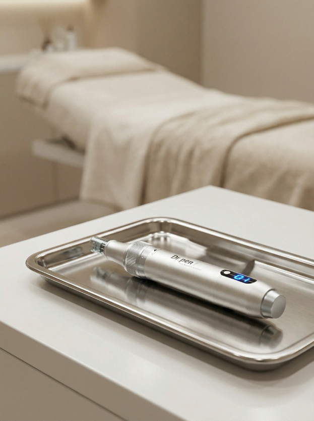 Modernes Microneedling-Instrument auf einem sterilen Untergrund in einem professionellen Kosmetikstudio.
