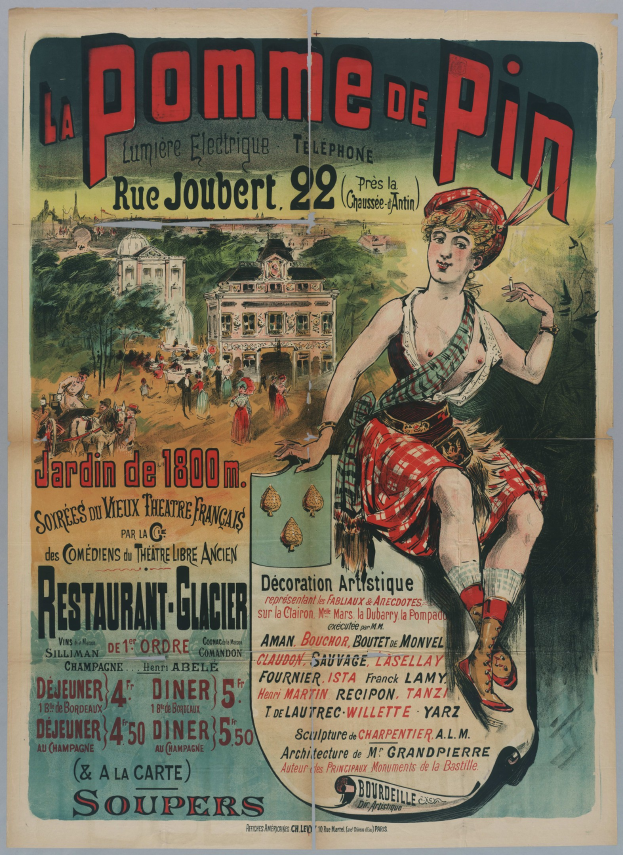 Alte Ankündigung für ein pomme de pin-Event in Paris, zeigt eine Frau in einem Kilt umgeben von Menschen, Bäumen und Gebäuden mit Text.