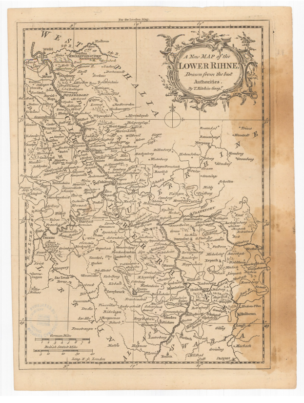 Alte Landkarte der Niederrhein-Region mit klassischer Typografie, die Flüsse, Berge und Städte zeigt.