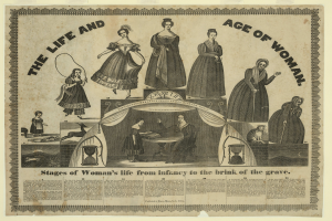 Ein farbenfrohes illustriertes Timeline-Diagramm, das die Lebensphasen von Frauen von der Geburt bis ins hohe Alter darstellt, mit fetter Schrift und detaillierten Elementen.