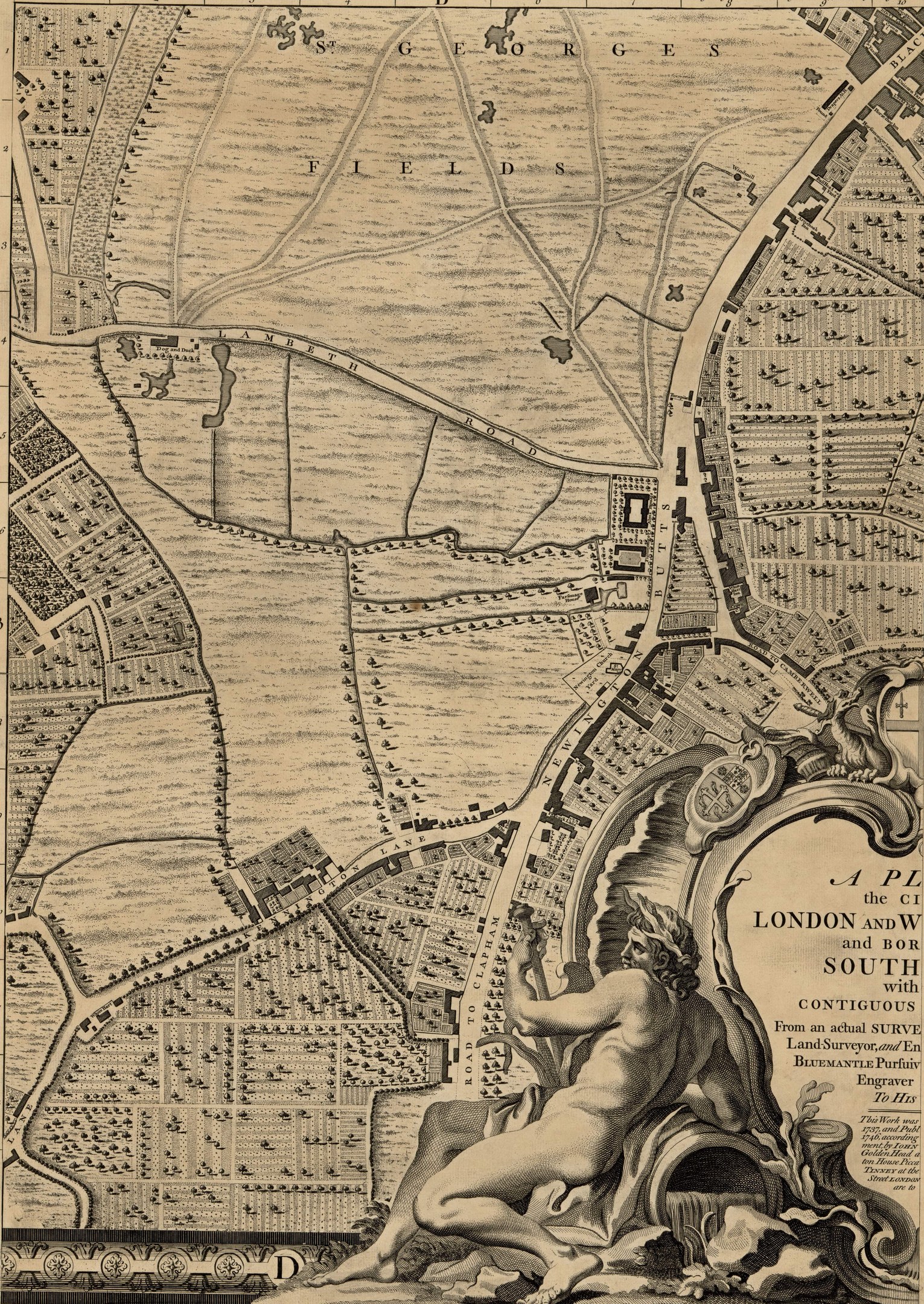 Ein detailliertes London-Kartenplakat mit einer zentralen Skulptur einer Person.