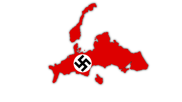 Eine rote Deutschlandkarte mit einem schwarzen und weißen Nazi-Symbol in der Mitte, vor einem weißen Hintergrund.