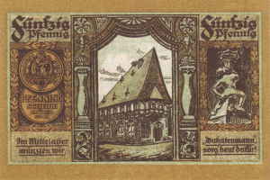 Alte deutsche Banknote mit einer Gebäudeillustration in der Mitte, umgeben von Text.