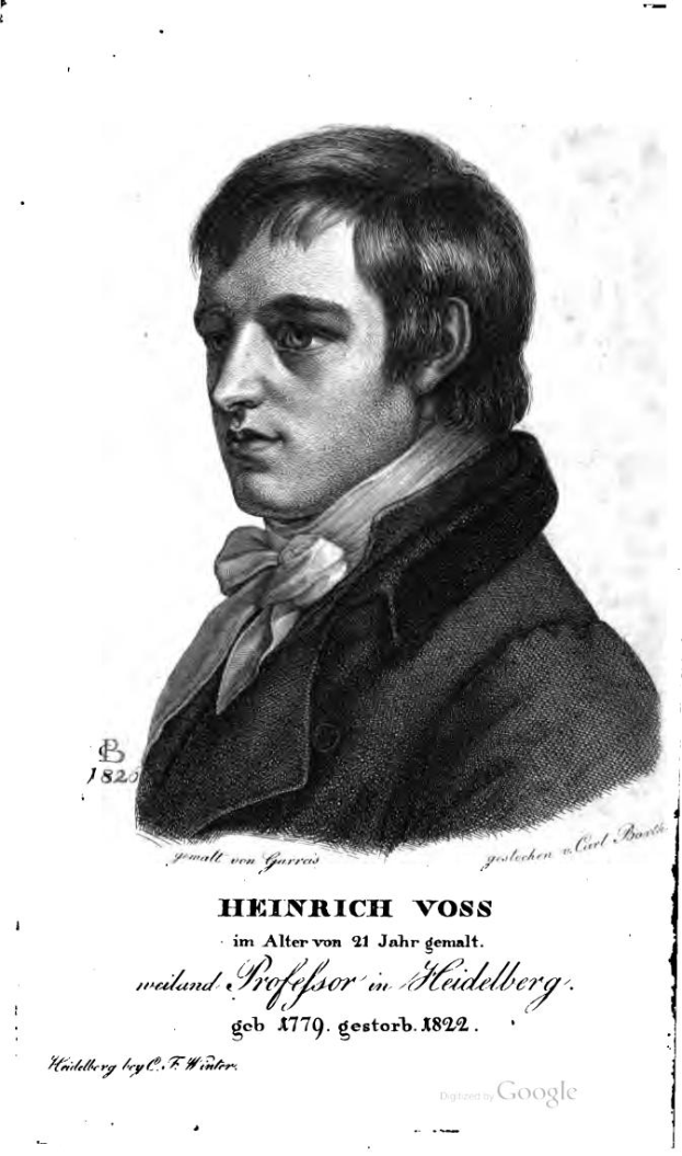 Schwarzes und wei├čes Portr├Ąt von Heinrich Voss, einem deutschen Komponisten, der einen Mantel tr├Ągt, mit Text unten im Bild.