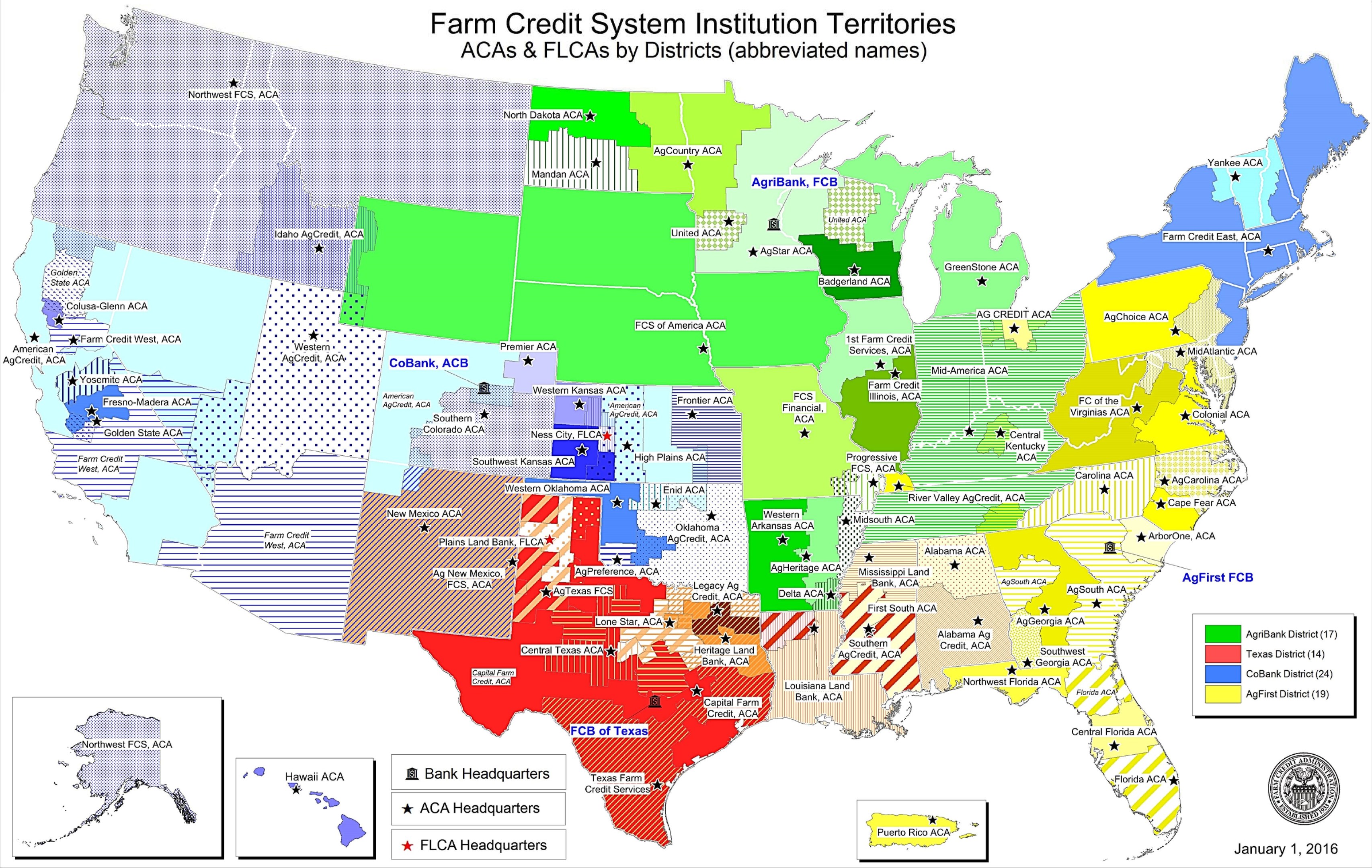 Eine Karte der Vereinigten Staaten, die Farm Credit System-Institutionen nach Regionen zeigt, mit der Überschrift "Farm Credit System-Institutionen" und einem Logo in der rechten unteren Ecke.