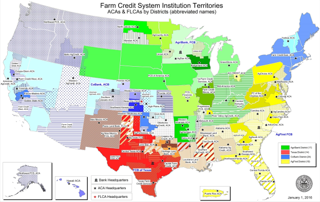 Eine Karte der Vereinigten Staaten, die Farm Credit System-Institutionen nach Regionen zeigt, mit der Überschrift "Farm Credit System-Institutionen" und einem Logo in der rechten unteren Ecke.